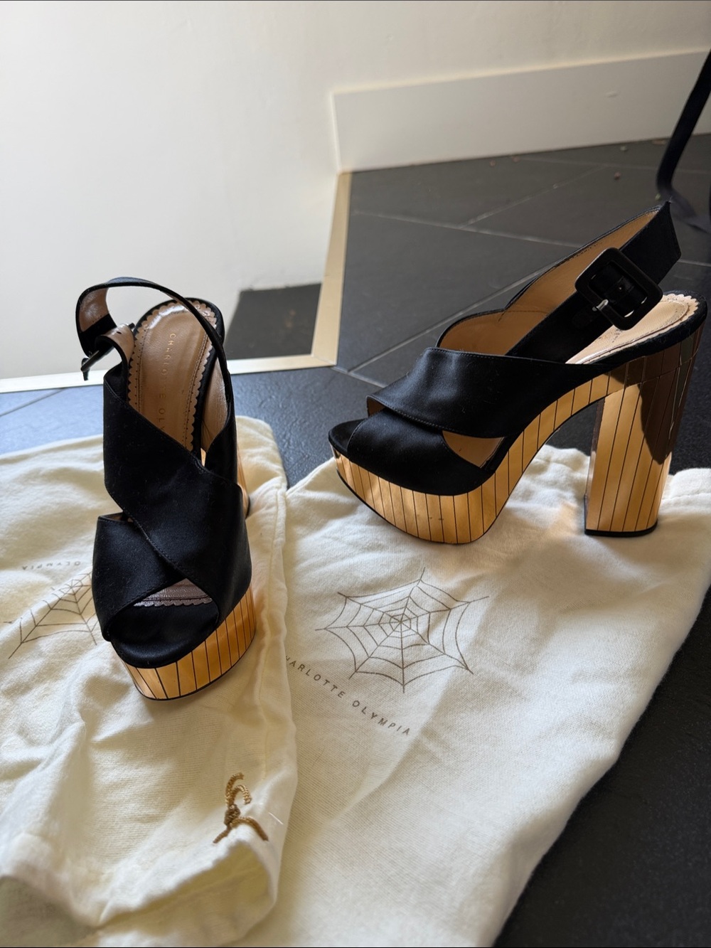 Charlotte Olympia Black Satin Platforms with Gold Wood-Effect Block Heels